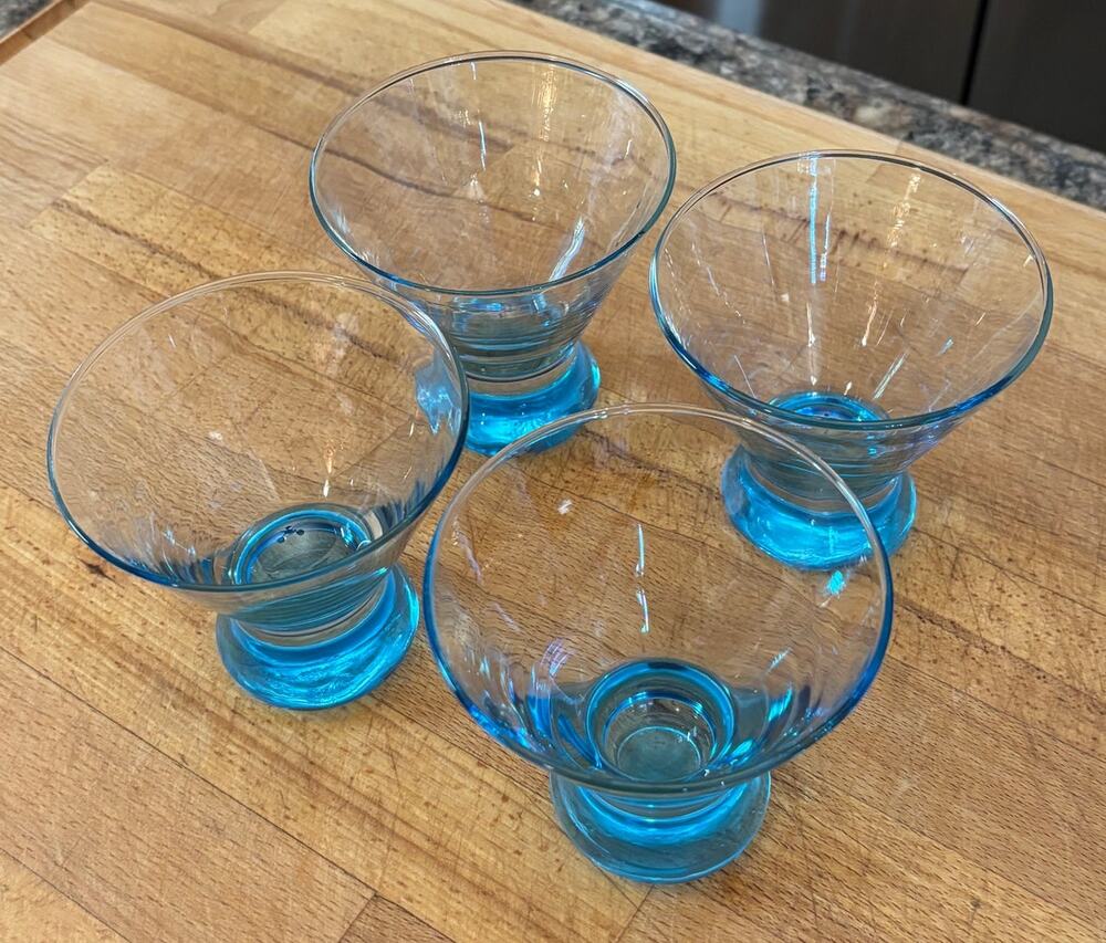 1970s Vintage Aqua Blue Cocktail Martini Coupe Glasses Set of 4 M.C.M. Barware